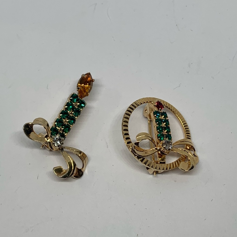VTG Prog Set Rhinestone Candlestick Christmas Brooch Pin, 2 Brooches
